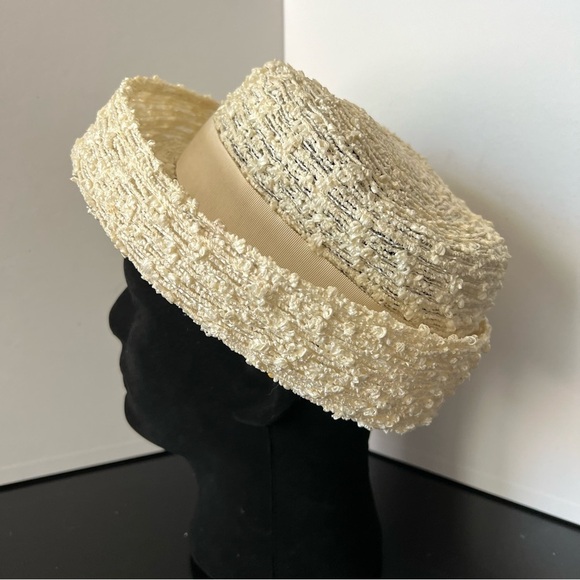 Vintage 1960s I. Magnin Ladies Wide Brim Beige White Straw Woven Summer Hat - Picture 7 of 11